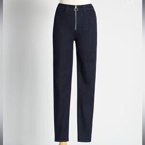 Modcloth By All Means Exposed Zip Skinny Jeans High Waist Dark Blue Indigo M